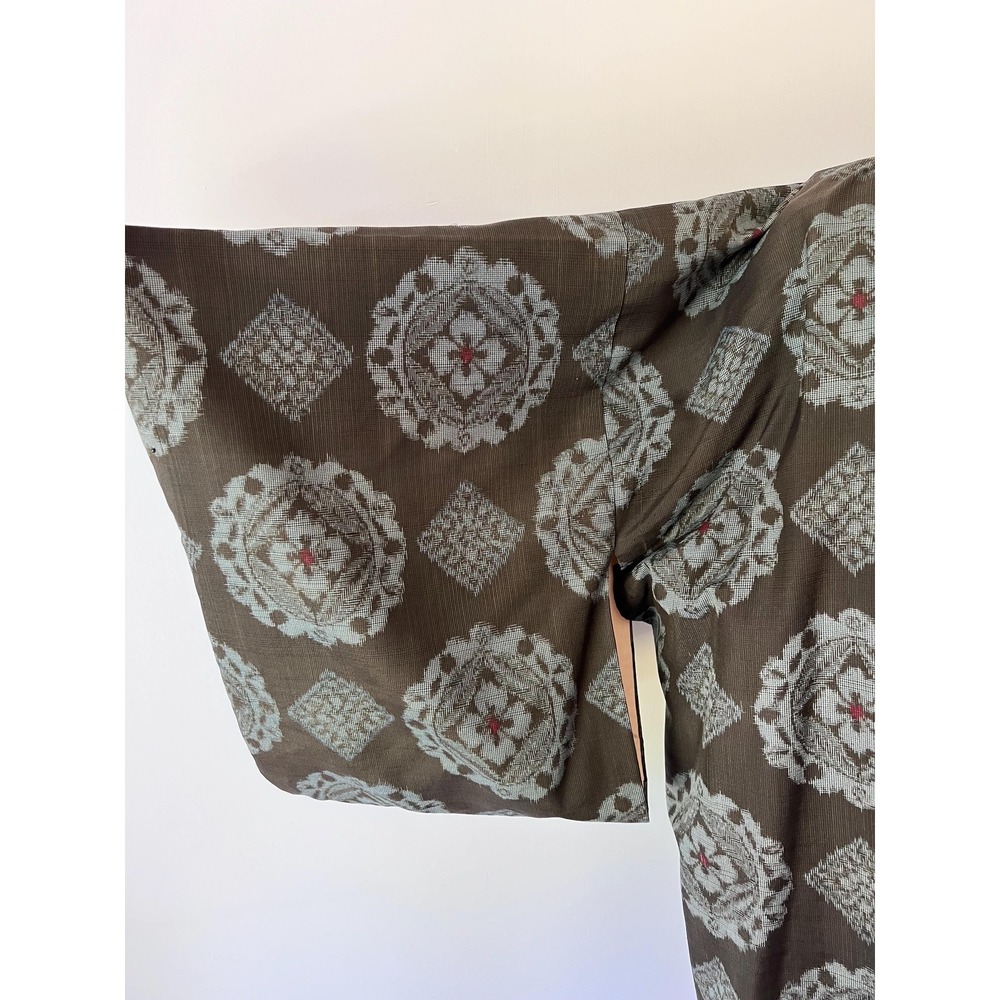 Vintage Haori Kimono Jacket Brown Grey Geometric Medallion Woven Silk Blend - Picture 4 of 6